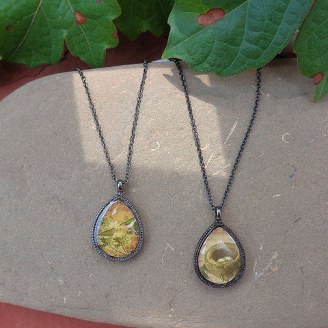LAVISHY handmade vintage style reversible pendant necklace with love birds & nest print. Great gift for friends & family. 