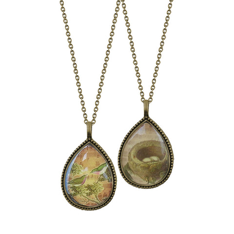LAVISHY handmade vintage style reversible pendant necklace with love birds & nest print. Great gift for friends & family. 