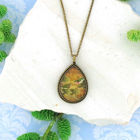 LAVISHY handmade vintage style reversible pendant necklace with love birds & nest print. Great gift for friends & family. 