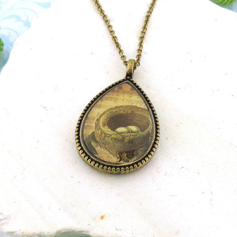 LAVISHY handmade vintage style reversible pendant necklace with love birds & nest print. Great gift for friends & family. 