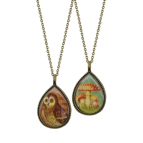 LAVISHY handmade vintage style reversible pendant necklace with owl & mushroom print. Great gift idea for friends & family. 