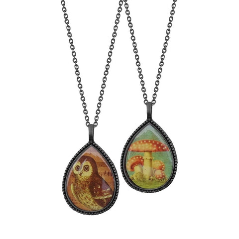 LAVISHY handmade vintage style reversible pendant necklace with owl & mushroom print. Great gift idea for friends & family. 
