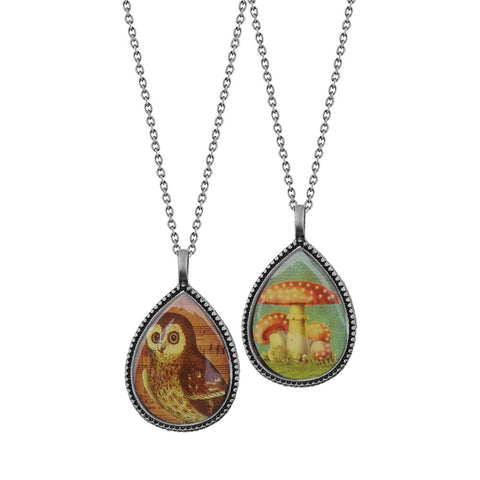 LAVISHY handmade vintage style reversible pendant necklace with owl & mushroom print. Great gift idea for friends & family. 