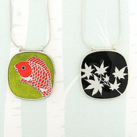 Online shopping for LAVISHY handmade silver plated enamel koi fish & maple leaf reversible pendant necklace. A great gift for you or your girlfriend, wife, co-worker, friend & family. Wholesale available at www.lavishy.com for gift shops and boutiques in Canada, USA & worldwide.