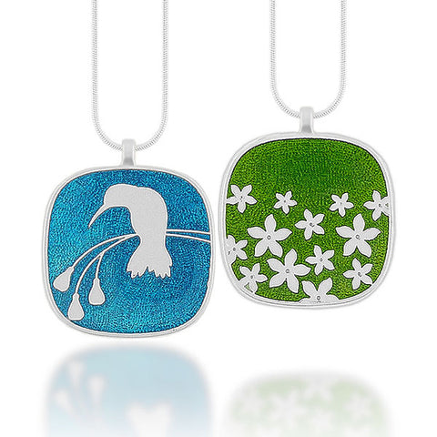 Online shopping for LAVISHY's handmade silver plated reversible pendant necklace with colorful hummingbird & flower enamel motifs. Great for everyday wear & lovely gift for friends & family. Wholesale at www.lavishy.com for gift shops, clothing & fashion accessories boutiques in Canada, USA & worldwide since 2001.