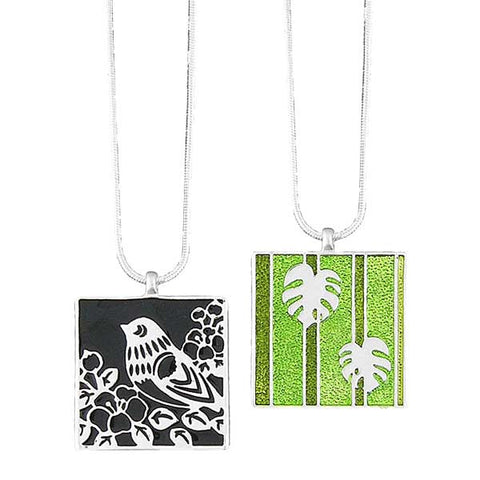 Online shopping for LAVISHY handmade silver plated reversible bird & palm leaf enamel necklace. Great for everyday wear, as gifts for family & friends. Wholesale available at www.lavishy.com with many unique & fun fashion accessories for gift shops and boutiques in Canada, USA & worldwide.