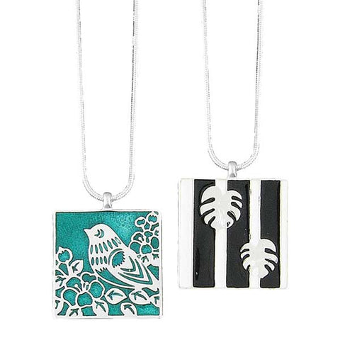 Online shopping for LAVISHY handmade silver plated reversible bird & palm leaf enamel necklace. Great for everyday wear, as gifts for family & friends. Wholesale available at www.lavishy.com with many unique & fun fashion accessories for gift shops and boutiques in Canada, USA & worldwide.