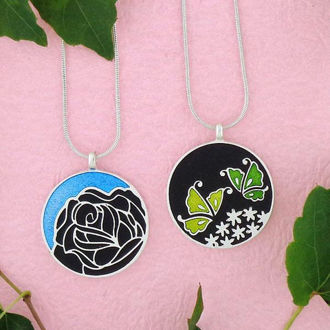 LAVISHY handmade silver plated reversible rose & butterfly enamel necklace. Great for everyday wear, gift idea for family & friend. Wholesale at www.lavishy.com