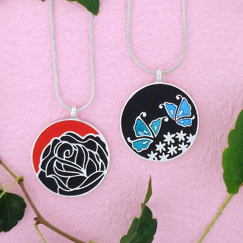 LAVISHY handmade silver plated reversible rose & butterfly enamel necklace. Great for everyday wear, gift idea for family & friend. Wholesale at www.lavishy.com