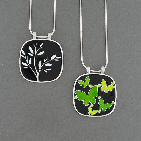 Online shopping for LAVISHY handmade silver plated reversible butterfly & tree enamel necklace. Great for everyday wear, as gifts for family & friends. Wholesale available at www.lavishy.com with many unique & fun fashion accessories for gift shops and boutiques in Canada, USA & worldwide.