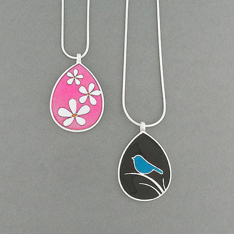 Online shopping for LAVISHY handmade silver plated reversible bird & flower enamel necklace. A great gift for you or your girlfriend, wife, co-worker, friend & family. Wholesale available at www.lavishy.com with many unique & fun fashion accessories for gift shops and boutiques in Canada, USA & worldwide.