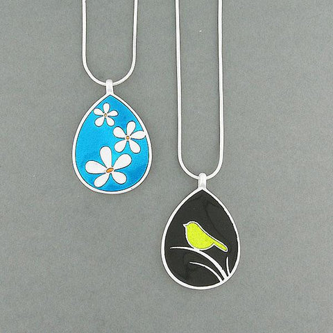 Online shopping for LAVISHY handmade silver plated reversible bird & flower enamel necklace. A great gift for you or your girlfriend, wife, co-worker, friend & family. Wholesale available at www.lavishy.com with many unique & fun fashion accessories for gift shops and boutiques in Canada, USA & worldwide.