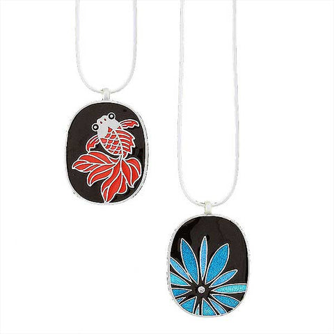 Online shopping for LAVISHY's handmade silver plated reversible pendant necklace with colorful goldfish & flower enamel motifs. Great for everyday wear & lovely gift for friends & family. Wholesale at www.lavishy.com for gift shops, clothing & fashion accessories boutiques in Canada, USA & worldwide since 2001.