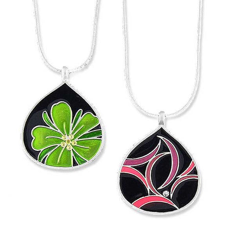 Online shopping for LAVISHY handmade silver plated reversible flower & geometric pattern enamel necklace. Great for everyday wear, as gifts for family & friends. Wholesale available at www.lavishy.com with many unique & fun fashion accessories for gift shops and boutiques in Canada, USA & worldwide.