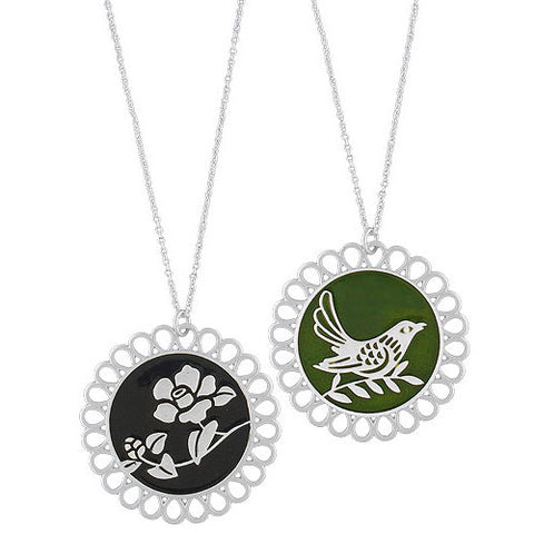 LAVISHY silver plated reversible enamel Camellia flower & bird necklace