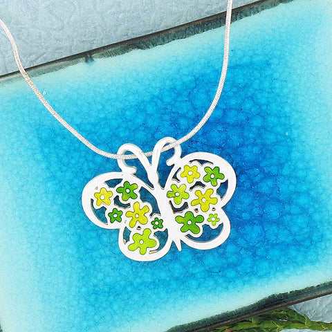LAVISHY handmade silver plated reversible enamel butterfly necklace