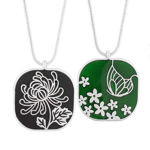 LAVISHY silver plated Chrysanthemum & Butterfly enamel necklace