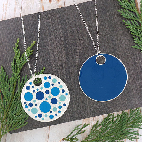 Online shopping for LAVISHY's handmade silver plated reversible pendant necklace with colorful polka dot motifs. Great for everyday wear & lovely gift for friends & family. Wholesale at www.lavishy.com for gift shops, clothing & fashion accessories boutiques in Canada, USA & worldwide since 2001.