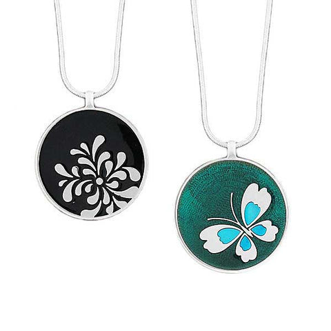 Online shopping for LAVISHY's handmade silver plated reversible pendant necklace with butterfly & Chrysanthemum flower enamel pattern. Great for everyday wear & lovely gift for friends & family. Wholesale at www.lavishy.com for gift shops, clothing & fashion accessories boutiques in Canada, USA & worldwide since 2001.
