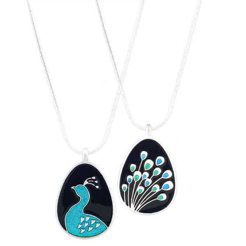LAVISHY handmade reversible enamel peacock & feather pendant necklace
