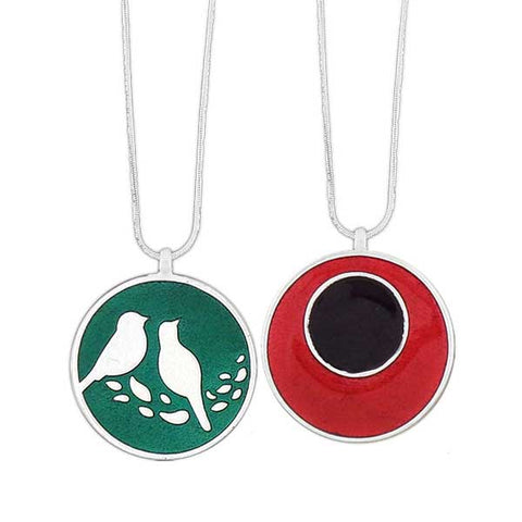 Online shopping for LAVISHY handmade silver plated reversible love birds & circle enamel necklace. Great for everyday wear, as gifts for family & friends. Wholesale available at www.lavishy.com with many unique & fun fashion accessories for gift shops and boutiques in Canada, USA & worldwide.