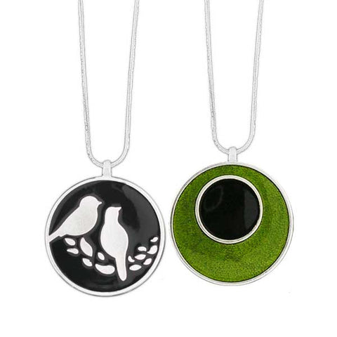 Online shopping for LAVISHY handmade silver plated reversible love birds & circle enamel necklace. Great for everyday wear, as gifts for family & friends. Wholesale available at www.lavishy.com with many unique & fun fashion accessories for gift shops and boutiques in Canada, USA & worldwide.