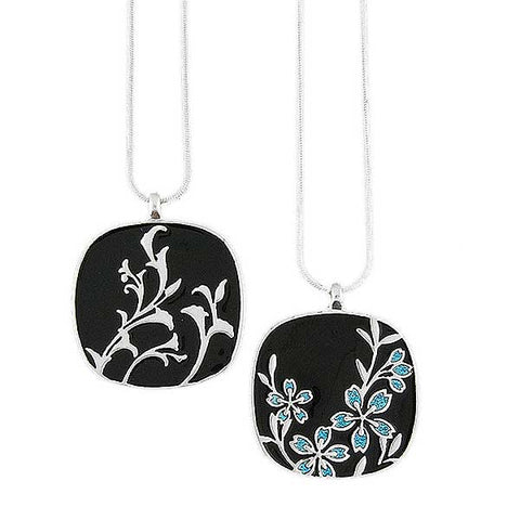 Online shopping for LAVISHY handmade silver plated reversible cherry blossom flower & vine pattern enamel necklace. Great for everyday wear, as gifts for family & friends. Wholesale available at www.lavishy.com with many unique & fun fashion accessories for gift shops and boutiques in Canada, USA & worldwide.