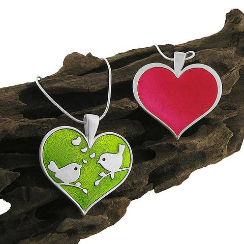 Online shopping for LAVISHY's handmade silver plated reversible pendant necklace with colorful love birds & heart enamel motifs. Great for everyday wear & lovely gift for friends & family. Wholesale at www.lavishy.com for gift shops, clothing & fashion accessories boutiques in Canada, USA & worldwide since 2001.