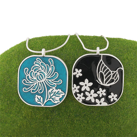 LAVISHY silver plated Chrysanthemum & Butterfly enamel necklace