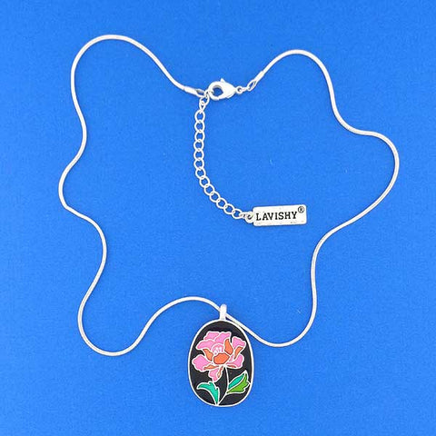 LAVISHY handmade silver plated reversible peony flower enamel necklace