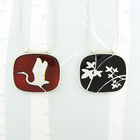 Online shopping for LAVISHY handmade silver plated enamel crane & leaf reversible pendant necklace. A great gift for you or your girlfriend, wife, co-worker, friend & family. Wholesale available at www.lavishy.com for gift shops and boutiques in Canada, USA & worldwide.