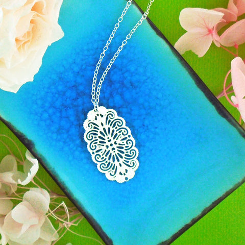 Online shopping for LAVISHY unique, beautiful & affordable light weight intricate filigree pendant necklace. Great for everyday wear, or as gift for family & friends. Wholesale at www.lavishy.com for gift shop, clothing & fashion accessories boutique, book store since 2001.