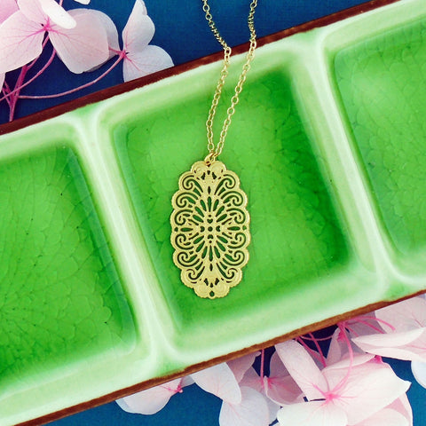 Online shopping for LAVISHY unique, beautiful & affordable light weight intricate filigree pendant necklace. Great for everyday wear, or as gift for family & friends. Wholesale at www.lavishy.com for gift shop, clothing & fashion accessories boutique, book store since 2001.