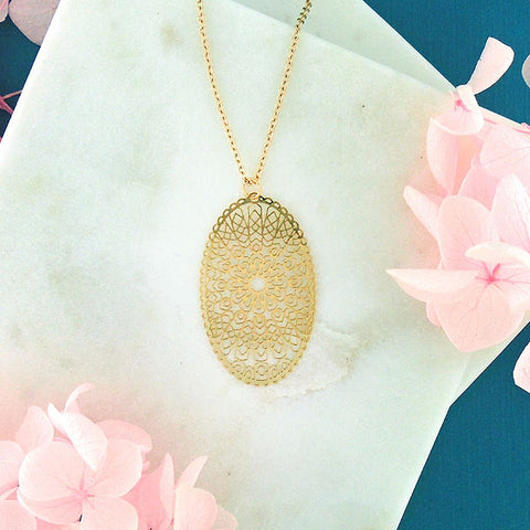 Online shopping for LAVISHY unique, beautiful & affordable light weight intricate filigree pendant necklace. Great for everyday wear, or as gift for family & friends. Wholesale at www.lavishy.com for gift shop, clothing & fashion accessories boutique, book store since 2001.