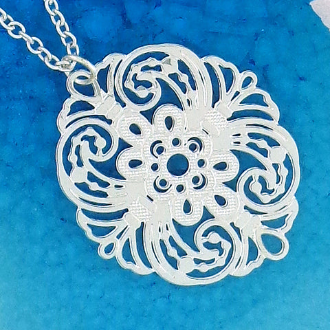 Online shopping for LAVISHY unique, beautiful & affordable light weight intricate filigree pendant necklace. Great for everyday wear, or as gift for family & friends. Wholesale at www.lavishy.com for gift shop, clothing & fashion accessories boutique, book store since 2001.