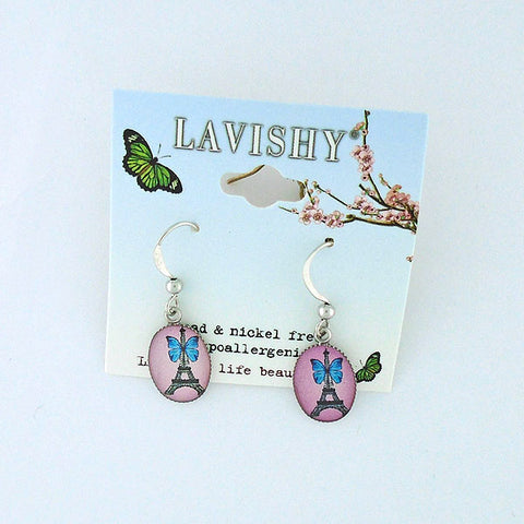 Online shopping for LAVISHY cute & dainty rhodium plated Paris Eiffel Tower with butterfly earrings. Fun to wear, make a playful gift for family & friends. Come with FREE gift box. Wholesale at www.lavishy.com for gift shop, clothing & fashion accessories boutique, book store in Canada, USA & worldwide since 2001.