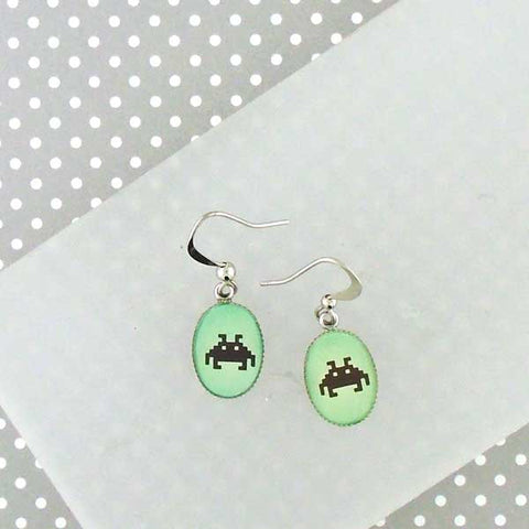 LAVISHY handmade cute & dainty space invader pixel art rhodium plated earrings