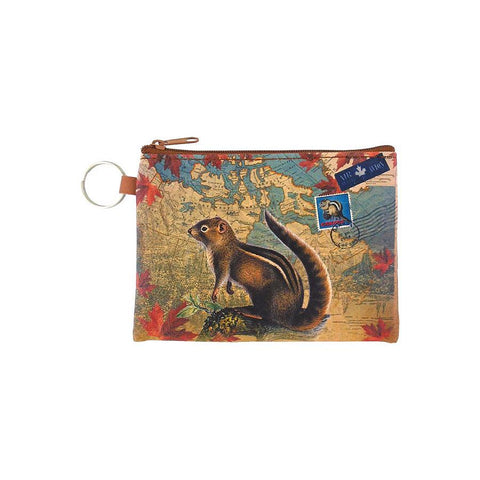 Online shopping for vegan brand LAVISHY's Canada collection vegan/faux leather key ring coin purse with vintage style print of Canadian chipmunk illustration on the Canada map background. Great for everyday use, cool gift for family & friends. Wholesale at www.lavishy.com for gift shop, boutique, souvenir store since 2001.