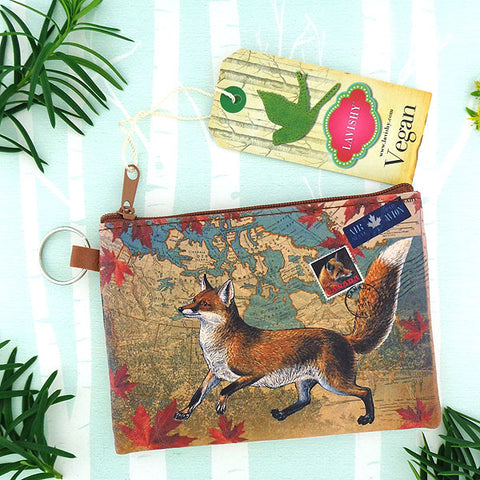 Online shopping for vegan brand LAVISHY's Canada collection vegan/faux leather key ring coin purse with vintage style print of Canadian fox illustration on the Canada map background. Great for everyday use, cool gift for family & friends. Wholesale at www.lavishy.com for gift shop, boutique, souvenir store since 2001.