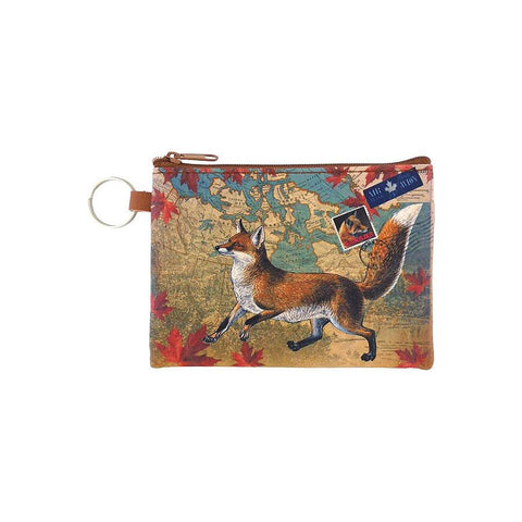 Online shopping for vegan brand LAVISHY's Canada collection vegan/faux leather key ring coin purse with vintage style print of Canadian fox illustration on the Canada map background. Great for everyday use, cool gift for family & friends. Wholesale at www.lavishy.com for gift shop, boutique, souvenir store since 2001.
