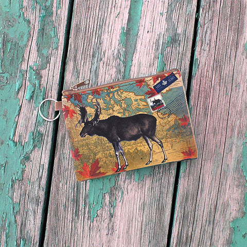 Online shopping for vegan brand LAVISHY's Canada collection vegan/faux leather key ring coin purse with vintage style print of Canadian moose illustration on the Canada map background. Great for everyday use, cool gift for family & friends. Wholesale at www.lavishy.com for gift shop, boutique, souvenir store since 2001.