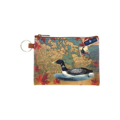 LAVISHY Canada collection vegan/faux leather key ring coin purse with vintage style print of Canadian loon illustration on the Canada map background. Great for everyday use, cool gift for family & friends. Wholesale at www.lavishy.com for gift shop, boutique, souvenir store since 2001.