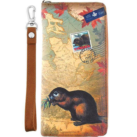 LAVISHY Canada collection beaver print vegan wristlet wallet
