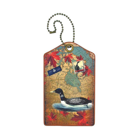 Online shopping for vegan brand LAVISHY's cool vegan/faux leather luggage tag with vintage style Canadian loon illustration on the Canadian map background print. It's a great traveler or as a gift. Wholesale available at www.lavishy.com with other unique fashion/travel accessories/souvenirs.