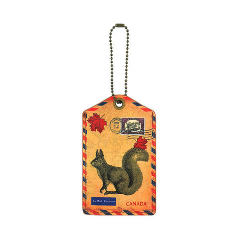 Online shopping for vegan brand LAVISHY's cool vegan/faux leather luggage tag with vintage style Canadian squirrel illustration on the Canadian map background print. It's a great traveler or as a gift. Wholesale available at www.lavishy.com with other unique fashion/travel accessories/souvenirs.