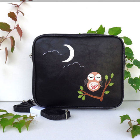 Online shopping for LAVISHY fun & playful applique vegan leather cross body bag/toiletry bag with adorable Owl applique. It's Eco-friendly, ethically made, cruelty free. A great gift for you or your friends & family. Wholesale available at www.lavishy.com with many unique & fun fashion accessories.