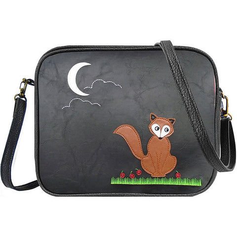 LAVISHY fun & playful applique vegan leather cross body bag/toiletry bag with adorable fox under the moon applique. It's Eco-friendly, ethically made, cruelty free. A great gift for you or your friends & family. Wholesale available at www.lavishy.com with many unique & fun fashion accessories.