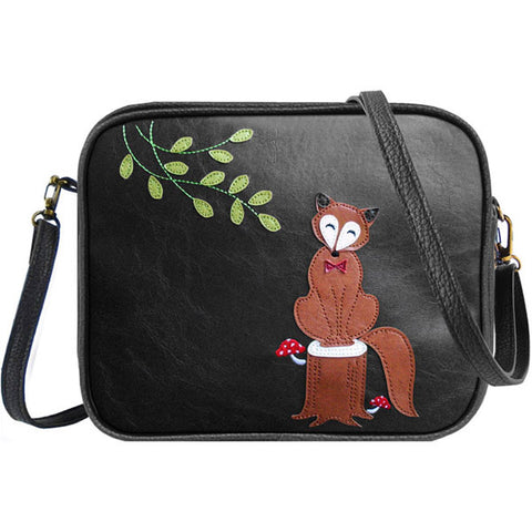 LAVISHY fun & playful applique vegan leather cross body bag/toiletry bag with adorable fox on tree stump applique. It's Eco-friendly, ethically made, cruelty free. A great gift for you or your friends & family. Wholesale available at www.lavishy.com with many unique & fun fashion accessories.