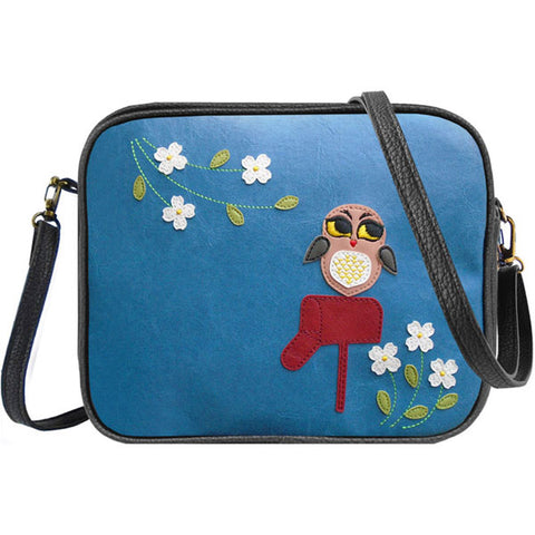 Online shopping for LAVISHY fun & playful applique vegan leather cross body bag/toiletry bag with adorable bright eyed owl on mailbox applique. It's Eco-friendly, ethically made, cruelty free. Wholesale available at www.lavishy.com with many unique & fun fashion accessories.