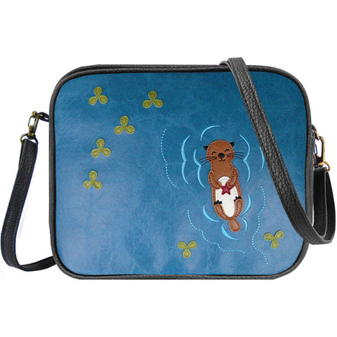 Online shopping for LAVISHY fun & playful applique vegan leather cross body bag/toiletry bag with adorable sea otter with starfish applique. It's Eco-friendly, ethically made, cruelty free. Wholesale available at www.lavishy.com with many unique & fun fashion accessories.